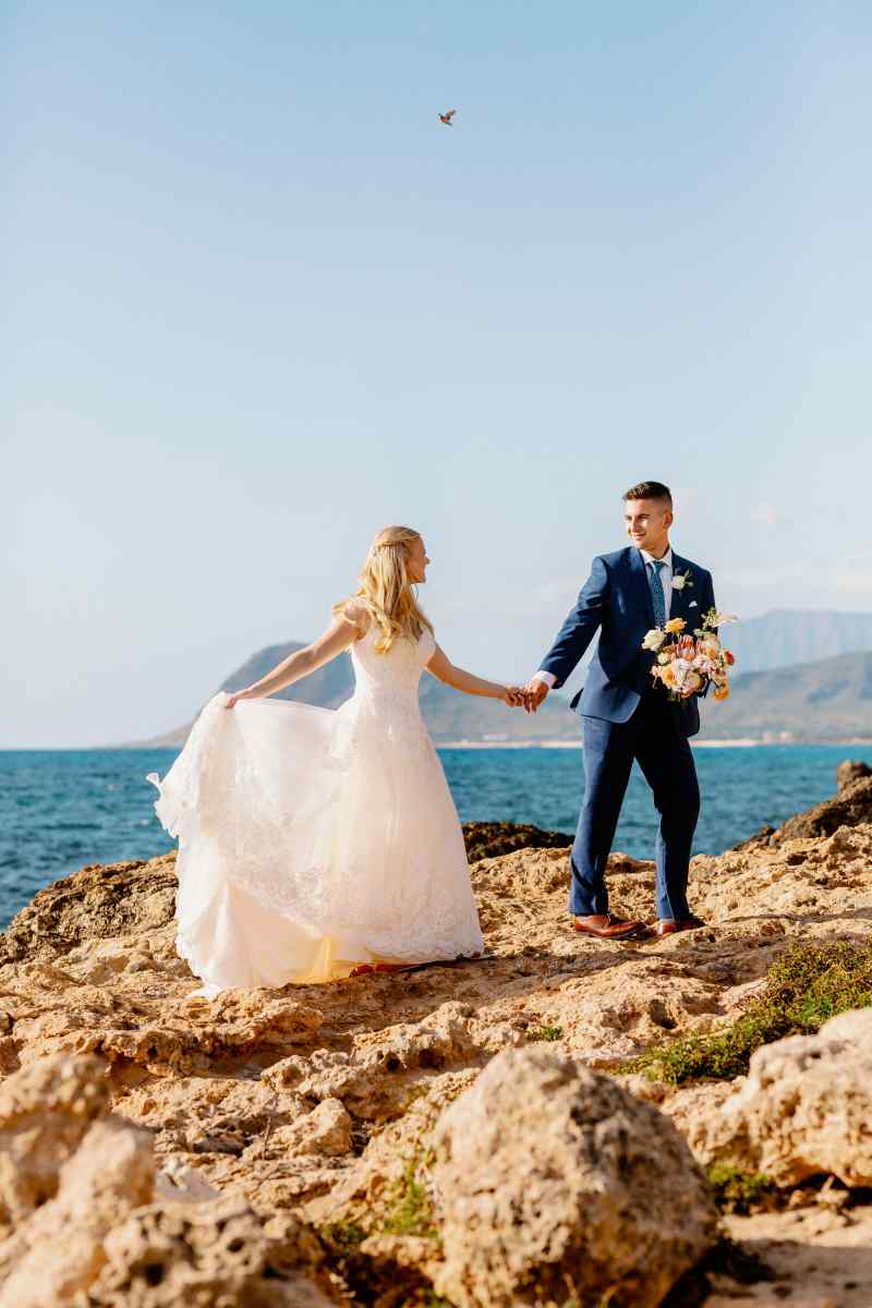 Bride and Groom Eloping on Oahu Beach